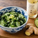 Cucumber and wakame salad with finely grated ginger and rice vinegar