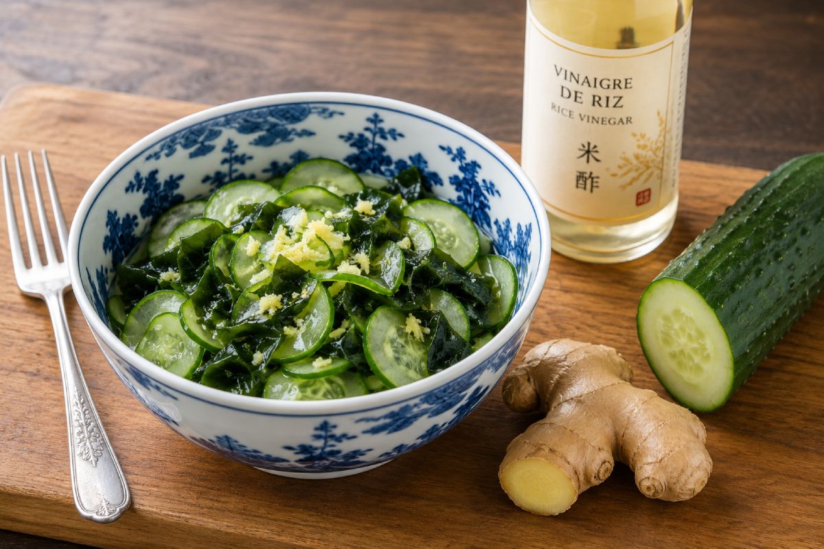 Cucumber and wakame salad with finely grated ginger and rice vinegar