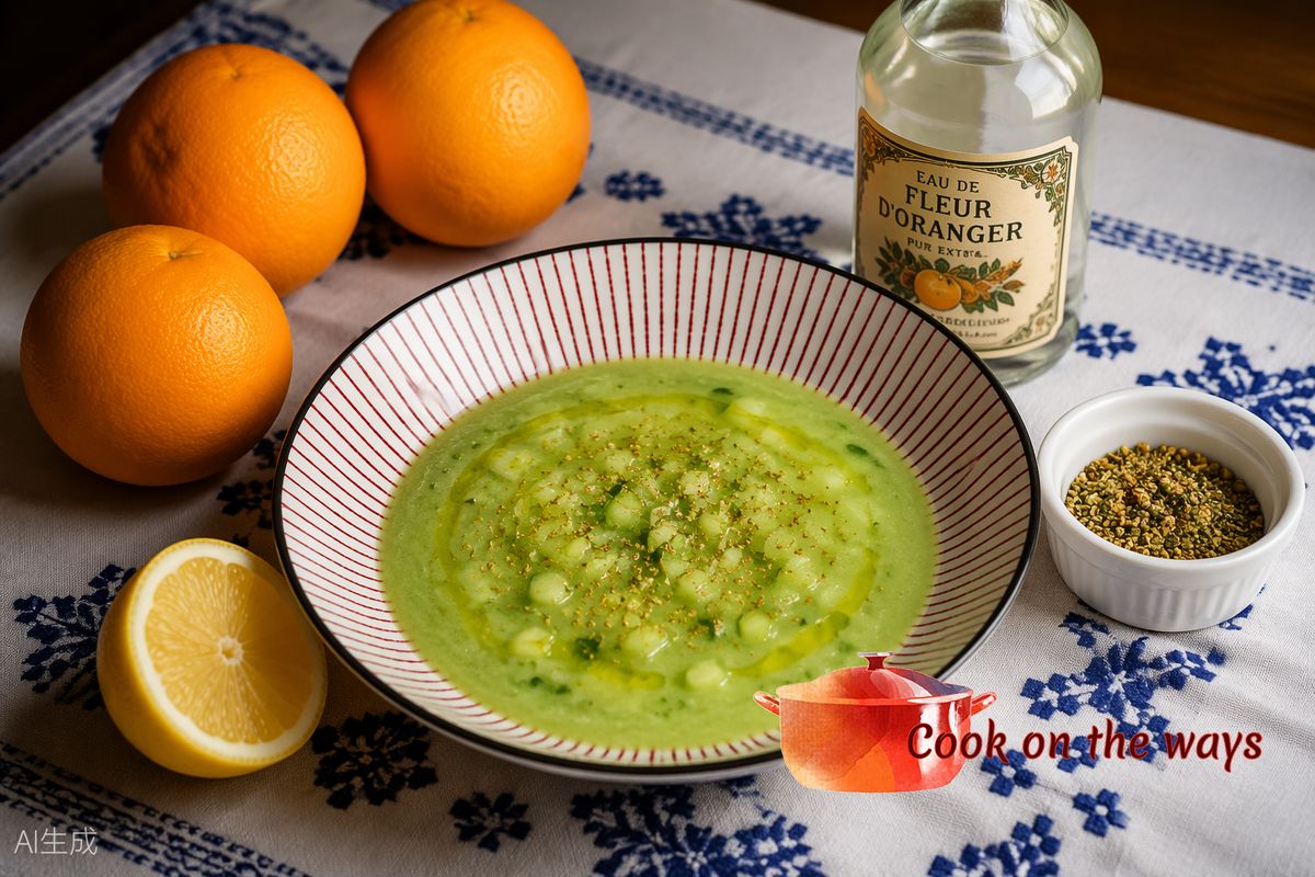 Cold salad with cucumber, orange and za’atar Cold cucumber salad with orange and za’atar, served on a red-and-white striped plate, placed on a white tablecloth embroidered with blue Fez stitch, surrounded by three oranges, half a lemon, a bottle of orange blossom water and a ramekin of za’atar