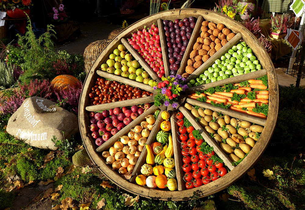 The healthy plate In a German organic market, vegetables are displayed between the spokes of an old wooden wheel