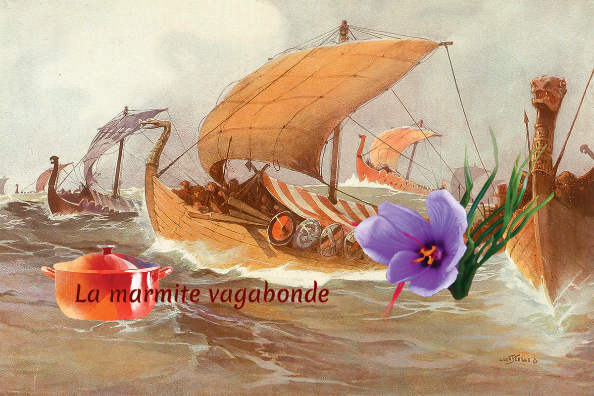 Saffron from the Vikings: saffron routes and saffranspankaka Viking drakkar and saffron flower